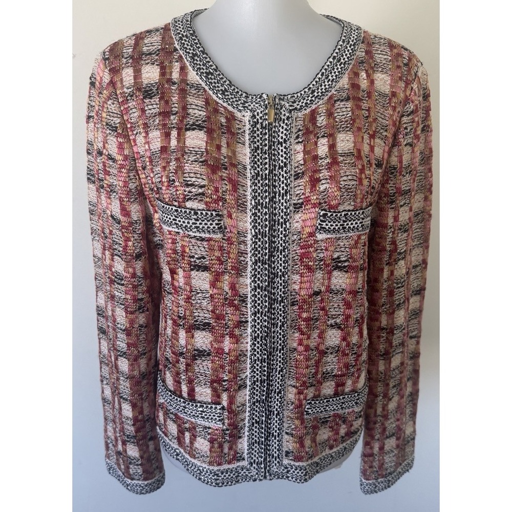 St John Tweed Knit Jacket Textured Full Zip Long Sleeve Womens Size 10 USA Made - Picture 2 of 12